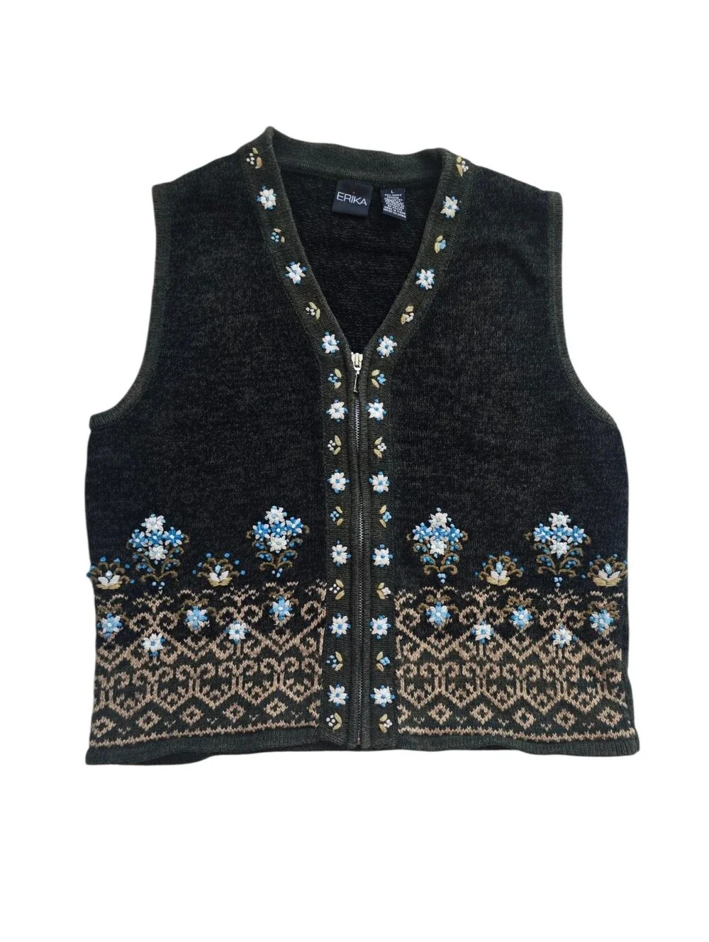 Vintage Erika Women's Greeb Full-Zip Floral Embroidered Knit Vest, Size Large